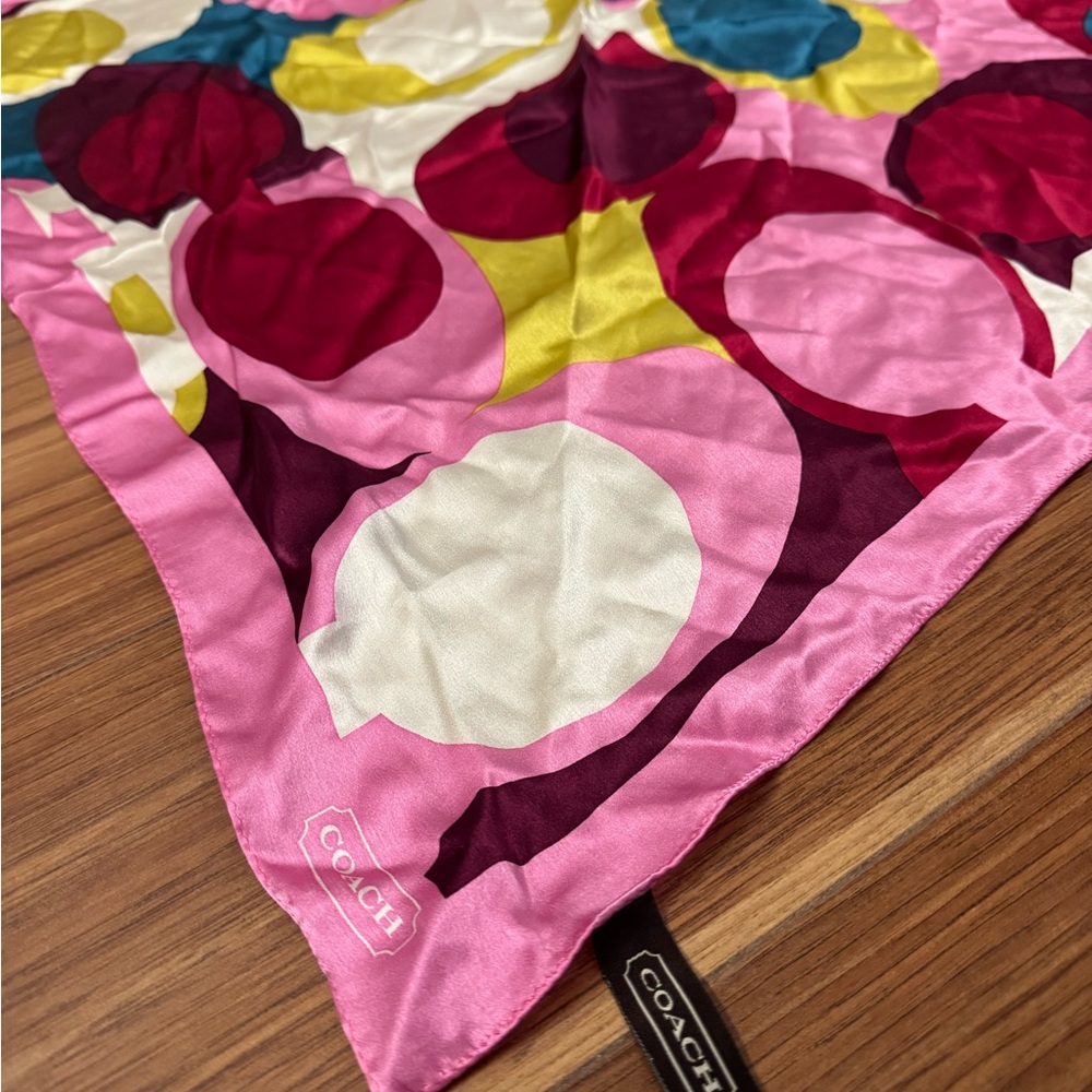 Coach Multicolor 100% Silk Scarf with Pink Border